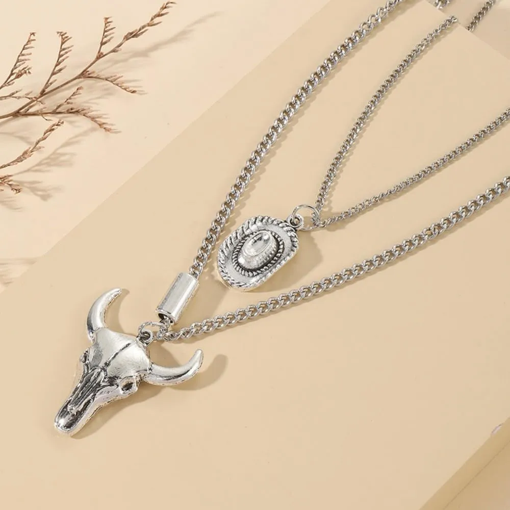 Boho Layered Necklace for Women,Western Women Pendant Necklaces,Evil Eye Bull Head Necklace,Retro Jewelry Party Decor