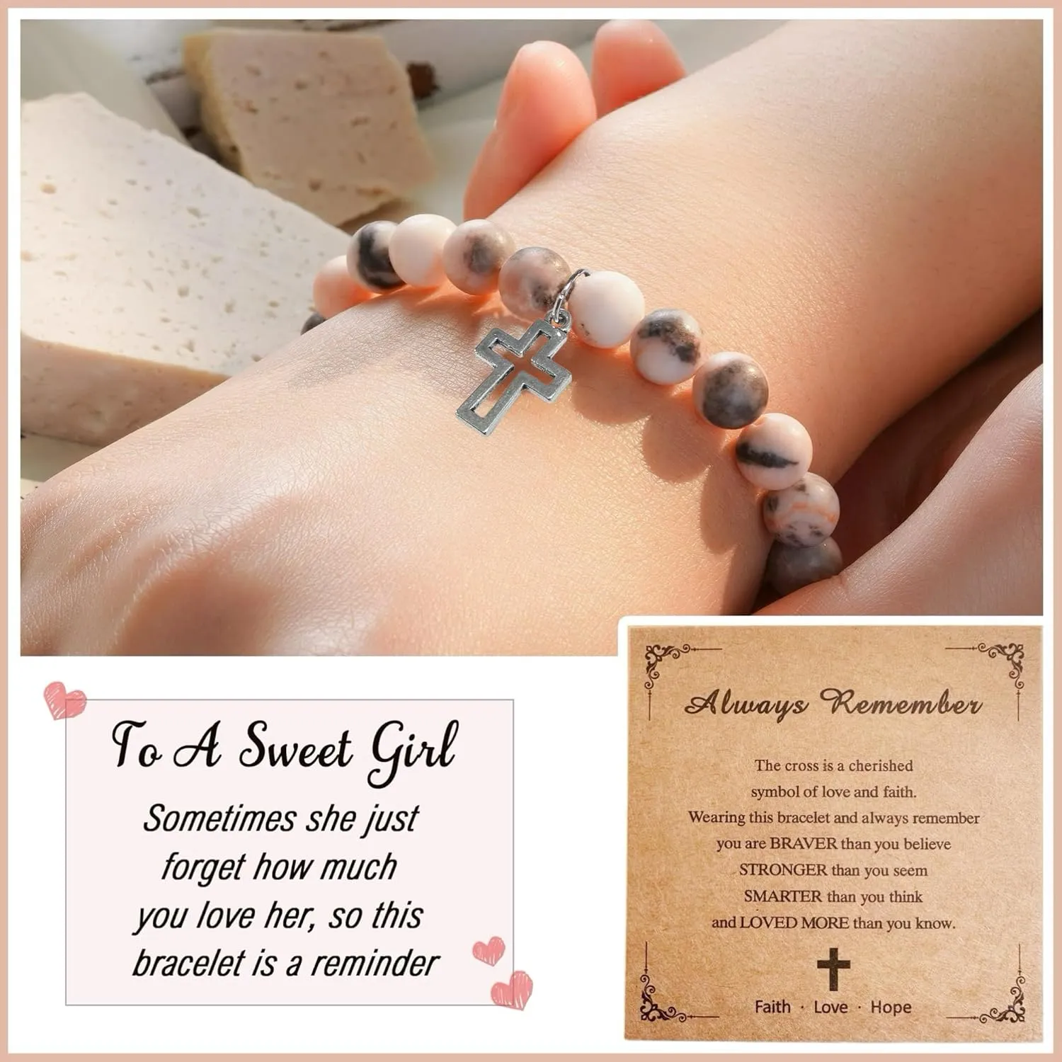 BONITTER Gifts for Teen Girls, Christian Easter Gift Natural Stone Cross Bracelet Heart Bracelets Birthday Gift for Girls Boys Trendy Stuff with Inspirational Card