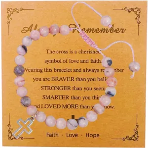 BONITTER Gifts for Teen Girls, Christian Easter Gift Natural Stone Cross Bracelet Heart Bracelets Birthday Gift for Girls Boys Trendy Stuff with Inspirational Card