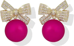 Bow Earrings for Women Trendy Rhinestone Bow Pearl Dangle Earrings for Women Cute Stuff Bow Jewelry Prom Wedding Party Valentines Day Gifts
