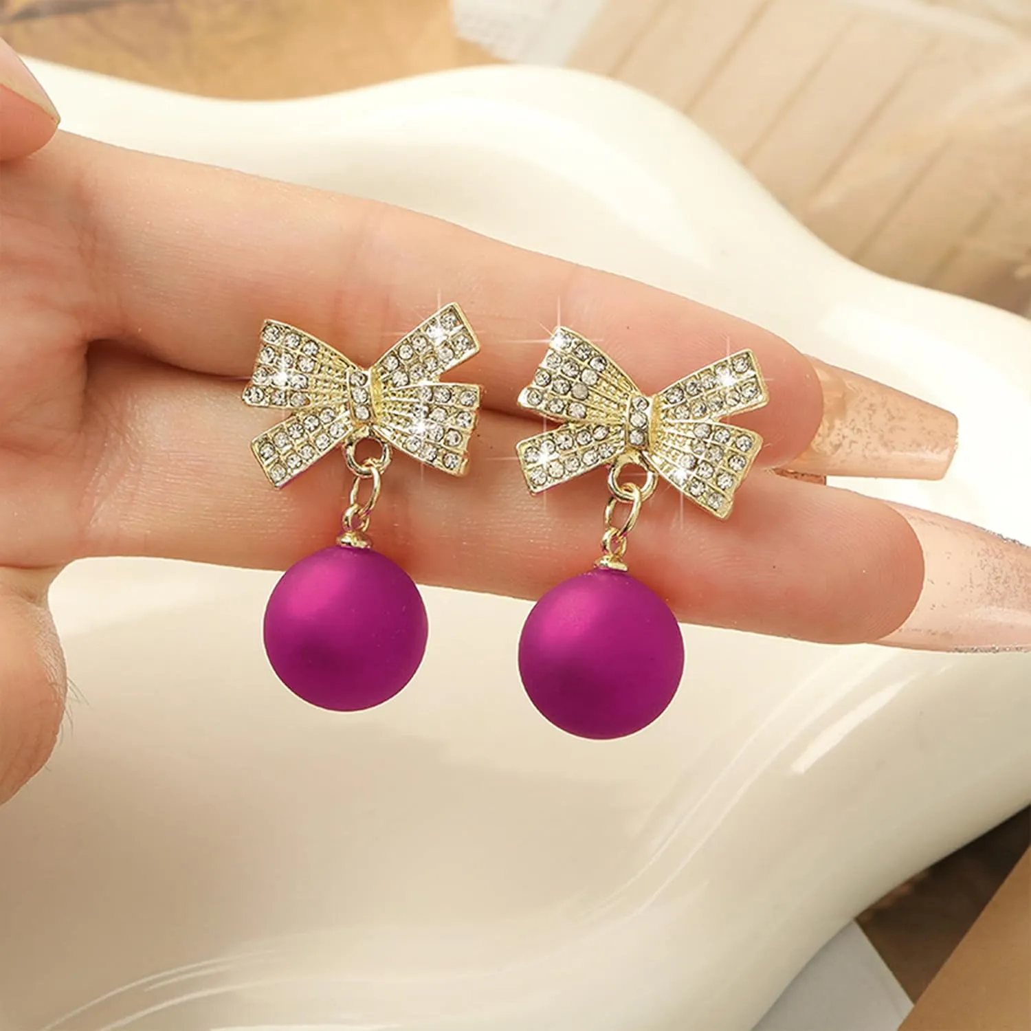 Bow Earrings for Women Trendy Rhinestone Bow Pearl Dangle Earrings for Women Cute Stuff Bow Jewelry Prom Wedding Party Valentines Day Gifts