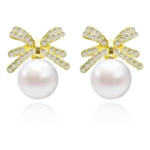 Bow Earrings Pearl,Pearl Stud Earrings Rhinestone Bow Stud Earrings Pearl Earrings for Party Dailylife Jewelry Gifts for Women Girls Birthday Gifts Valentines Day Gifts for Her (PEARL BOW STUD GOLD)