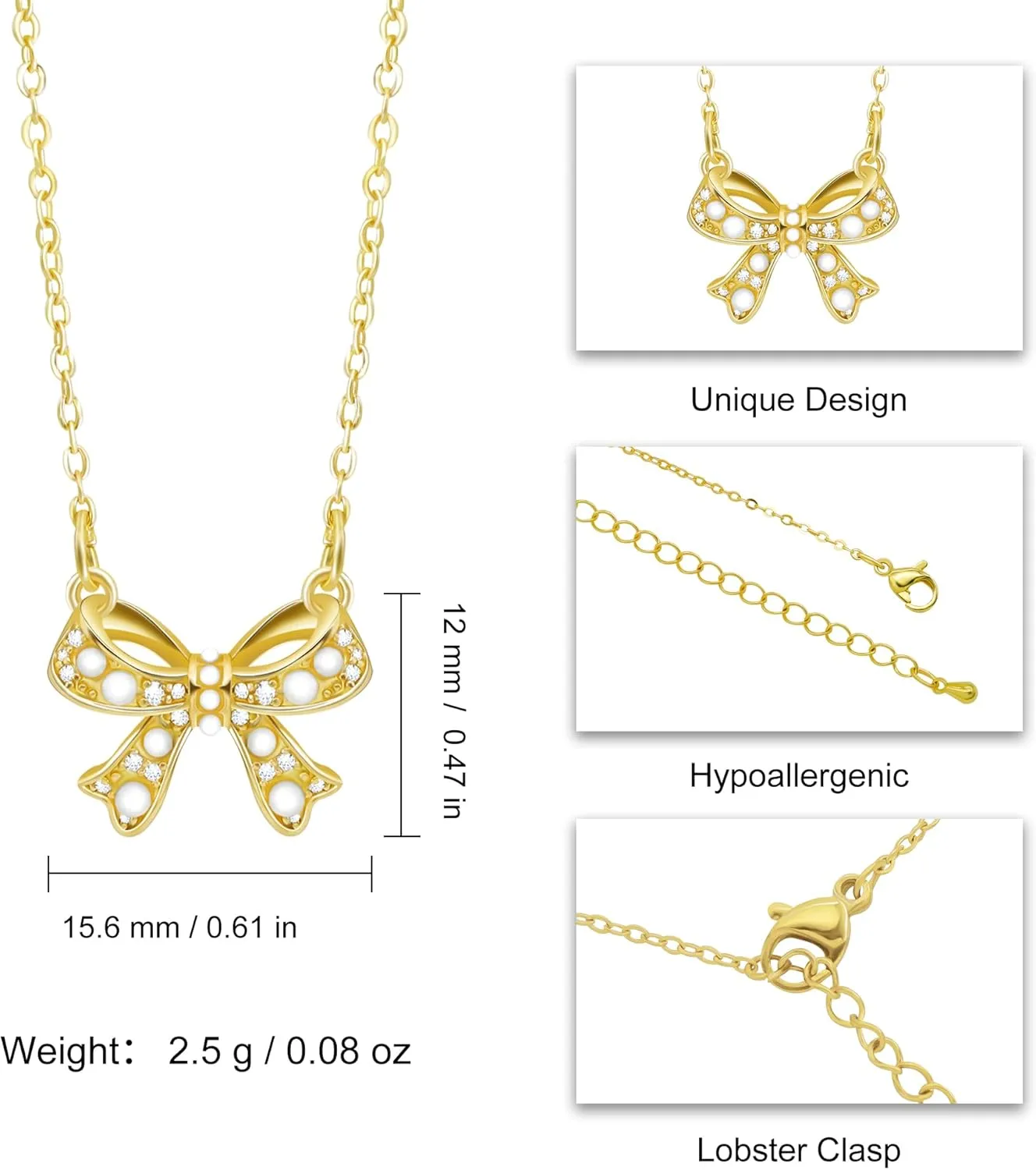 Bow Necklace, Small Bow Pendant Necklace Cubic Zirconia Sparkling Necklace Delicate Chain Ladies Pendant Necklace Bow Jewelry for Women