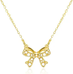 Bow Necklace, Small Bow Pendant Necklace Cubic Zirconia Sparkling Necklace Delicate Chain Ladies Pendant Necklace Bow Jewelry for Women