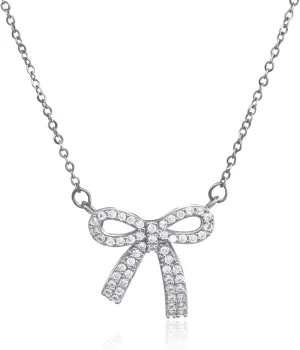 Bow Necklace, Small Bow Pendant Necklace Cubic Zirconia Sparkling Necklace Delicate Chain Ladies Pendant Necklace Bow Jewelry for Women