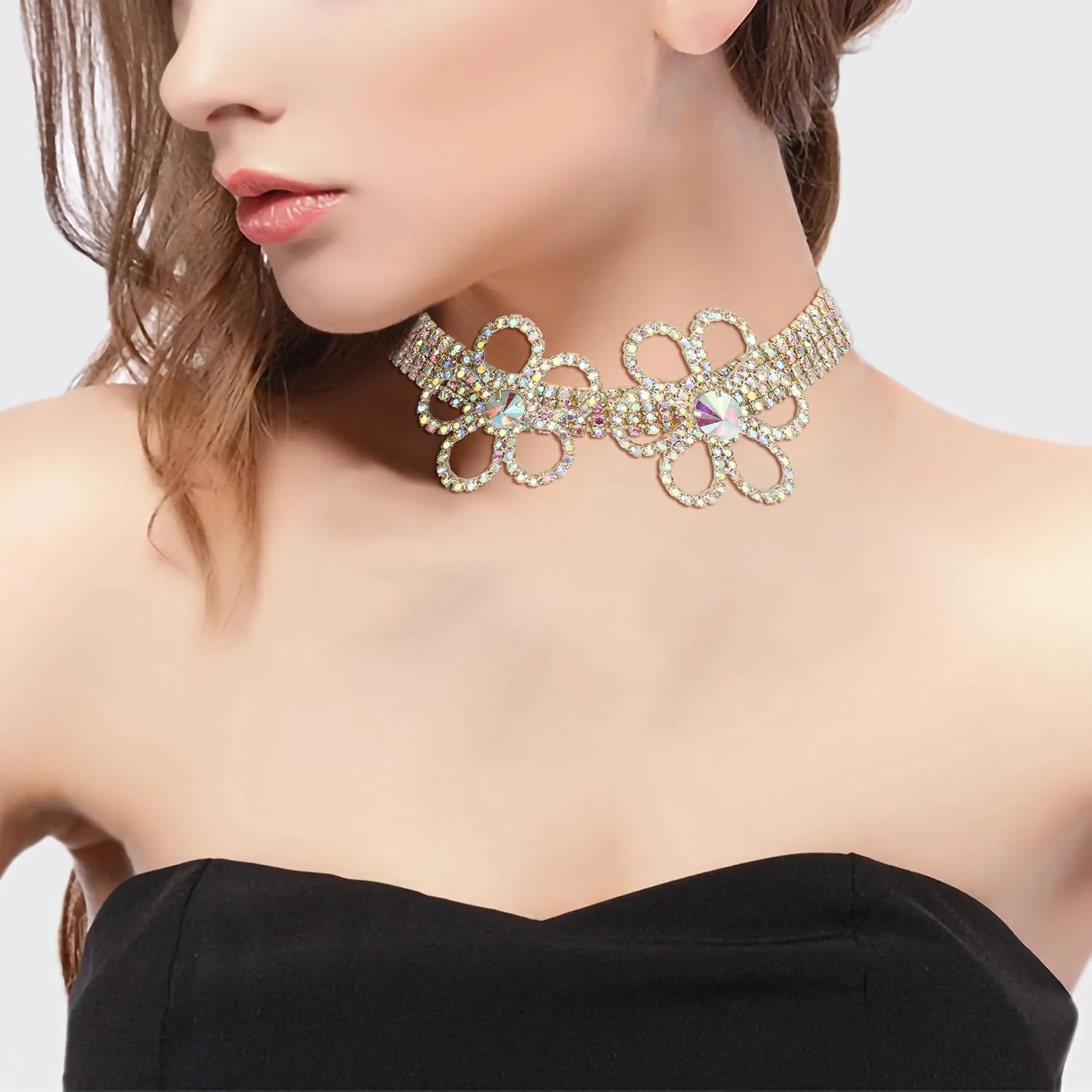 BriLove Women's Flower Collar Necklace, Double Crystal Statement Chunky Necklace Bib for Summer Beach Chokers Necklaces