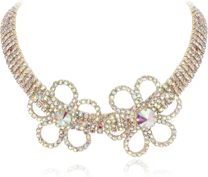 BriLove Women's Flower Collar Necklace, Double Crystal Statement Chunky Necklace Bib for Summer Beach Chokers Necklaces