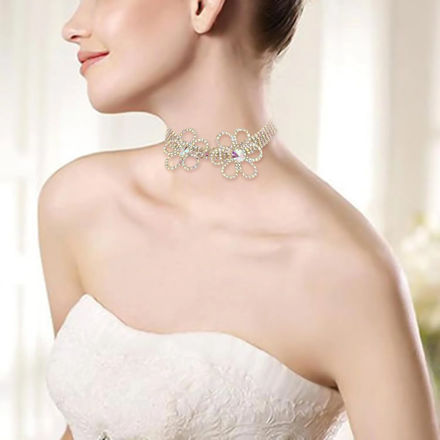 BriLove Women's Flower Collar Necklace, Double Crystal Statement Chunky Necklace Bib for Summer Beach Chokers Necklaces
