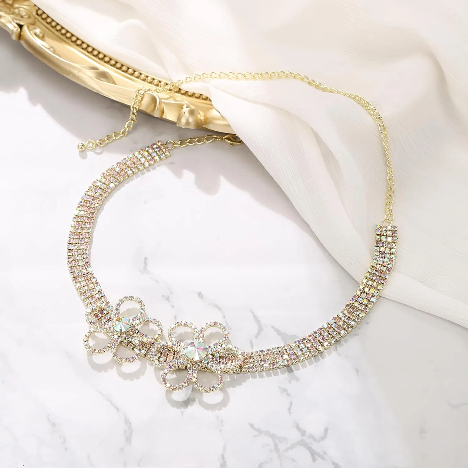 BriLove Women's Flower Collar Necklace, Double Crystal Statement Chunky Necklace Bib for Summer Beach Chokers Necklaces