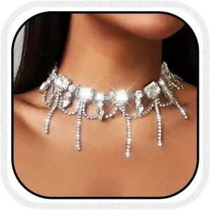 Brishow Silver Rhinestone Choker Necklaces Sparkly Crystal Necklace Prom Tassel Choker Jewelry for Women