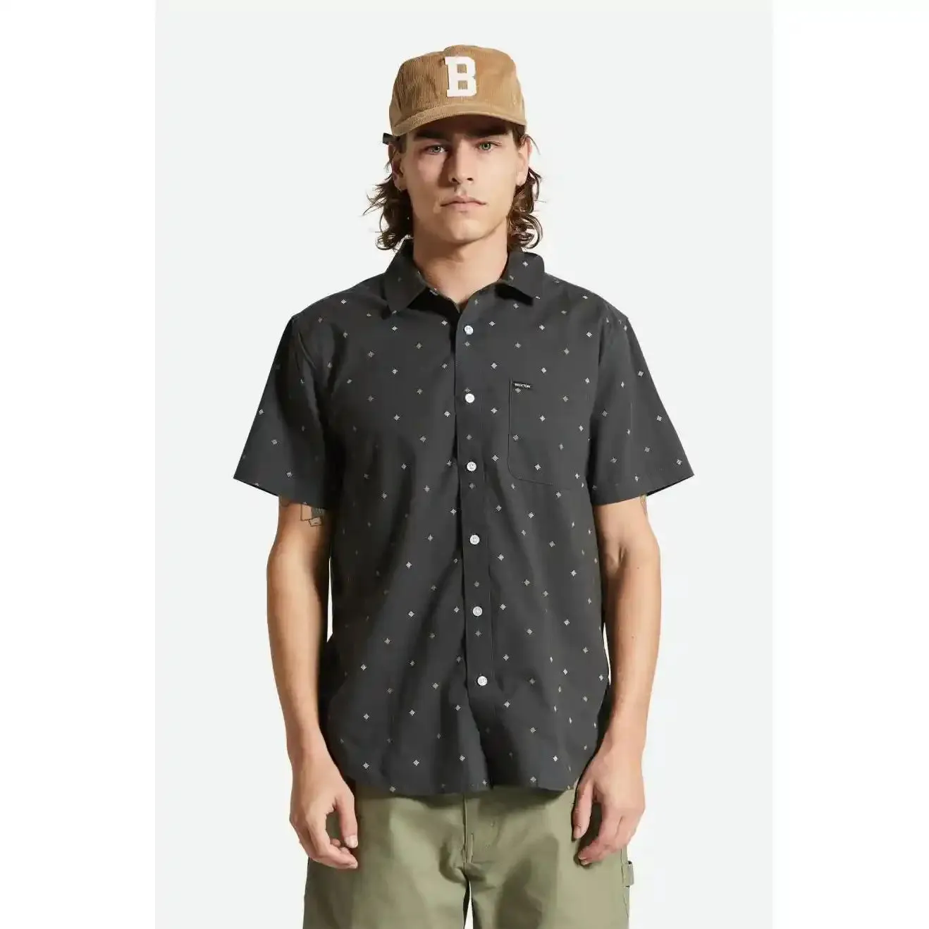 Brixton Charter Print Short Sleeve Woven Shirt, washed black pyramid