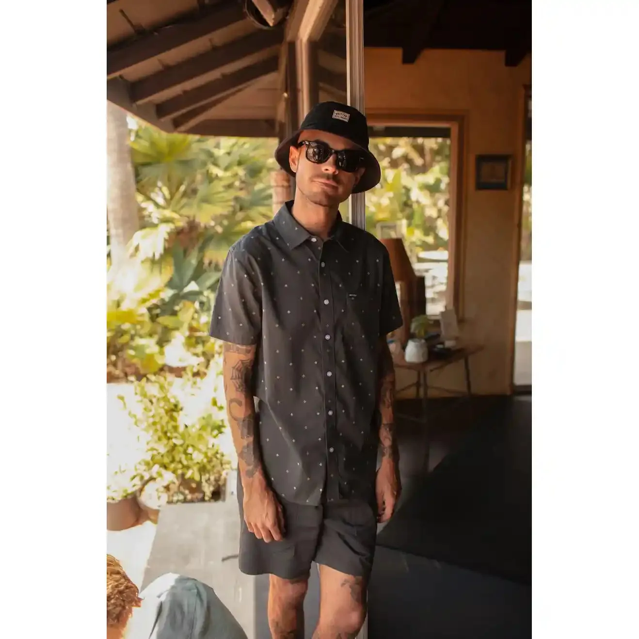 Brixton Charter Print Short Sleeve Woven Shirt, washed black pyramid