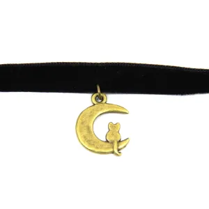 Bronze cat choker, HANDMADE Cat on the Moon necklace, Black velvet ribbon charm chokers, Gift for can mom, Cats jewellery, Vintage style jewelry