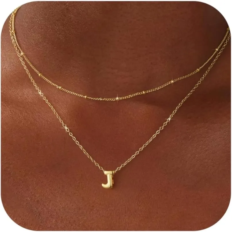 Bubble Gold Letter Necklace Layered Initial Necklaces for Women 14K Gold Plated Pendant Necklaces Tiny Dainty Choker Necklace Cute Necklace Stack Teen Gift Trendy Stuff Personalized Jewelry Gifts