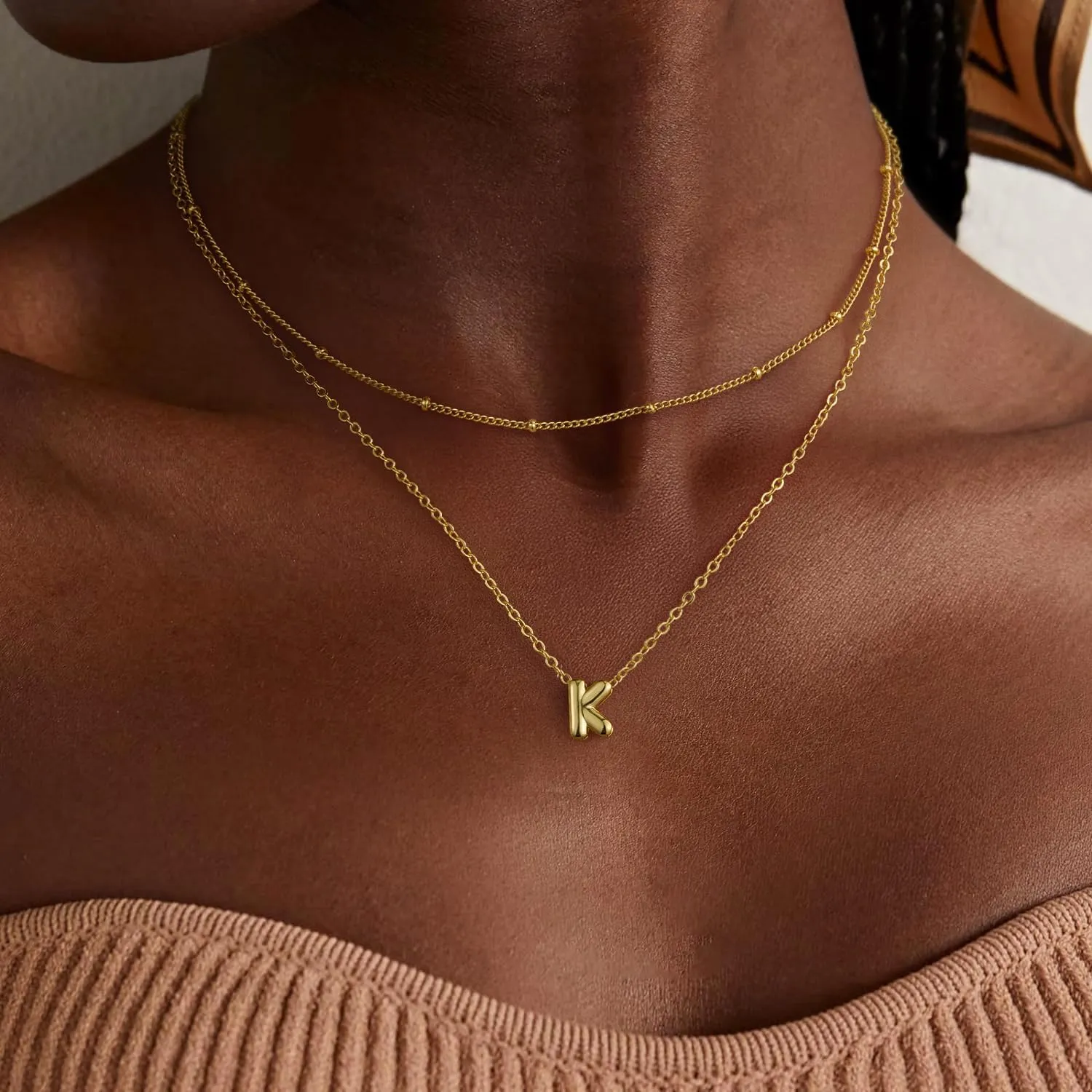 Bubble Gold Letter Necklace Layered Initial Necklaces for Women 14K Gold Plated Pendant Necklaces Tiny Dainty Choker Necklace Cute Necklace Stack Teen Gift Trendy Stuff Personalized Jewelry Gifts