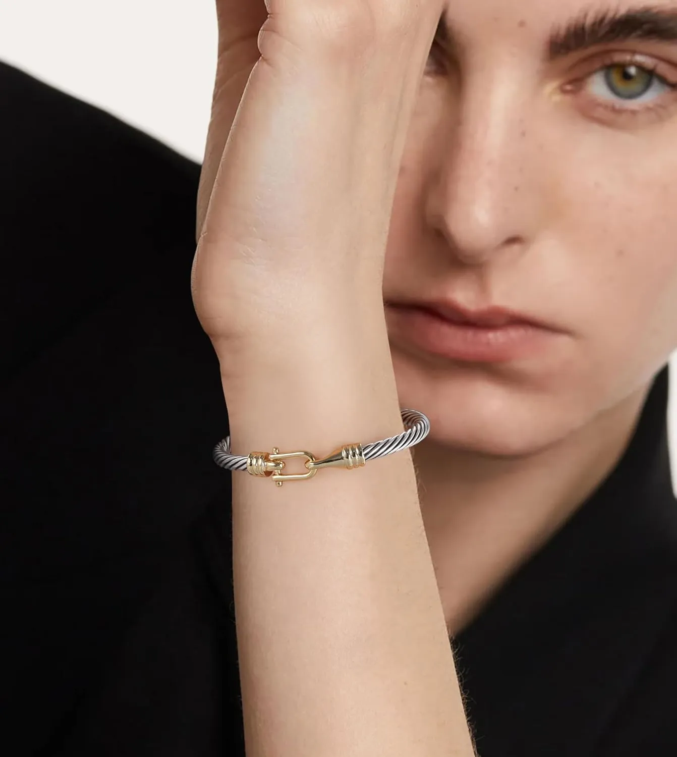 Cable Bracelets for Women Two Tone Cuff Bangle with Turquoise Hook Clasp Mixed Metal Bracelets Designer Dupes Jewelry for Her