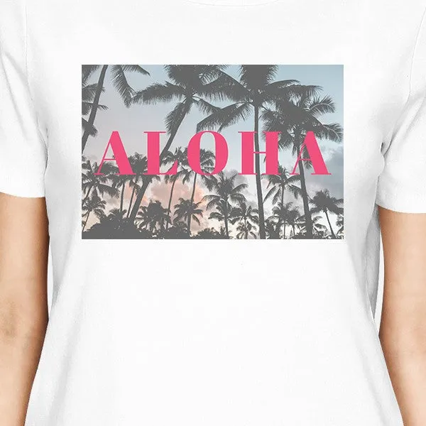 California Sunset Aloha Womens White Cotton Summer Shirt Round Neck