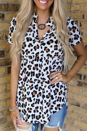 Casual Leopard Patchwork Turndown Collar T-Shirts Casual Leopard Patchwork Turndown Collar T-Shirts
