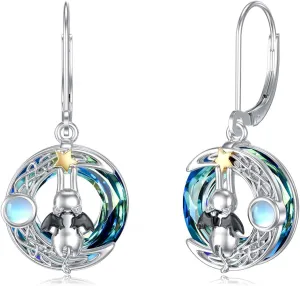 Cat Earrings Dangle Sterling Silver Celtic Moon Earrings Blue Crystal Cat Moonstone Earrings Star Dangle Leverback Kitty Cat Earrings Drop Cat Jewelry Gifts for Women