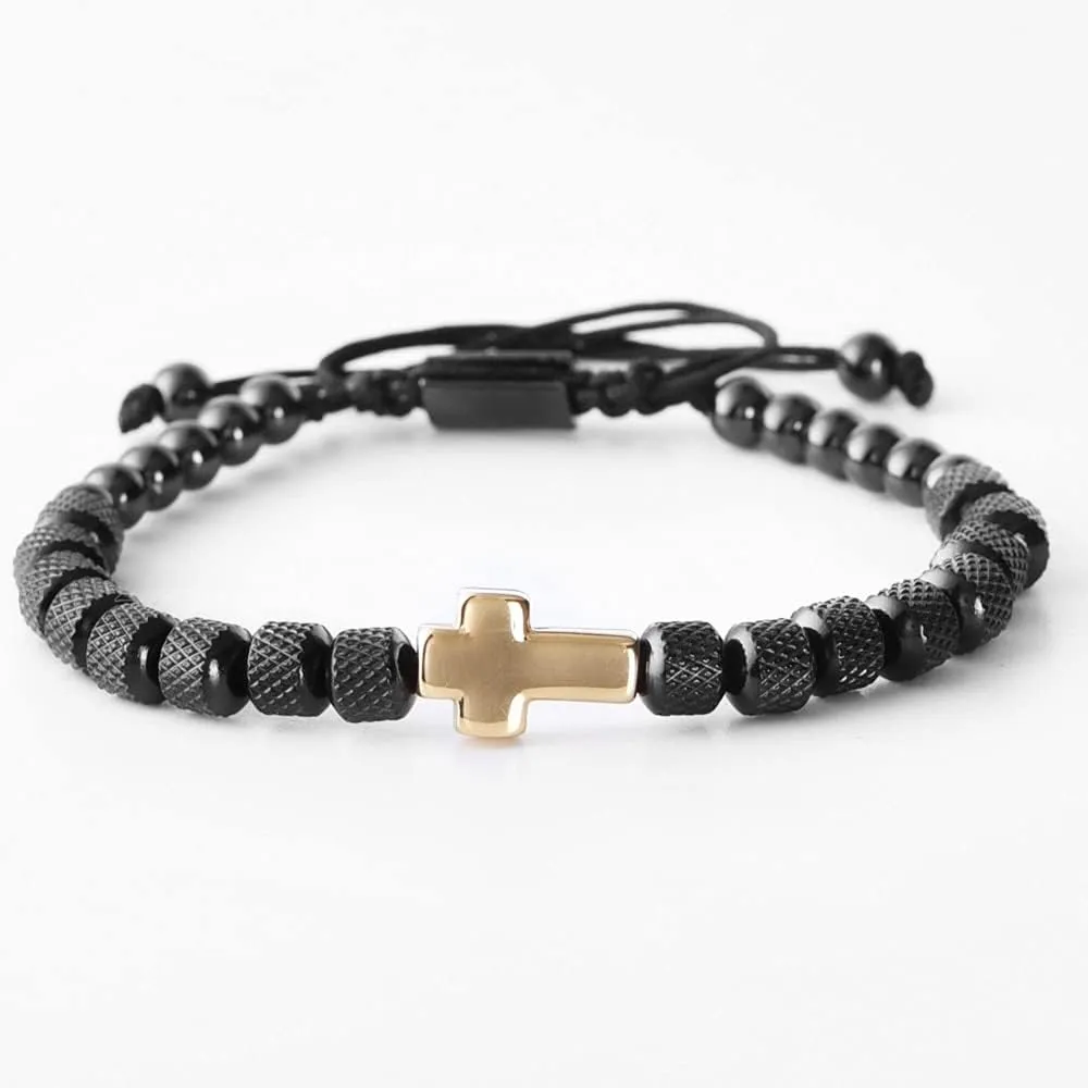 Charm Bracelet Cross Stainless Steel Beaded Bracelets Handmade Men Women Prayer Fitness Chain Couple Jewelry Gift 0536Z (gold black)