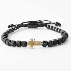 Charm Bracelet Cross Stainless Steel Beaded Bracelets Handmade Men Women Prayer Fitness Chain Couple Jewelry Gift 0536Z (gold black)
