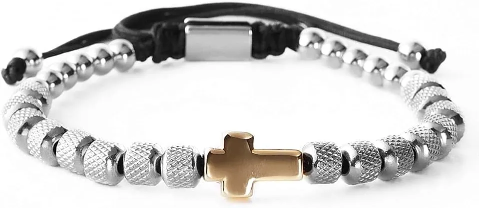 Charm Bracelet Cross Stainless Steel Beaded Bracelets Handmade Men Women Prayer Fitness Chain Couple Jewelry Gift 0536Z (silver black)
