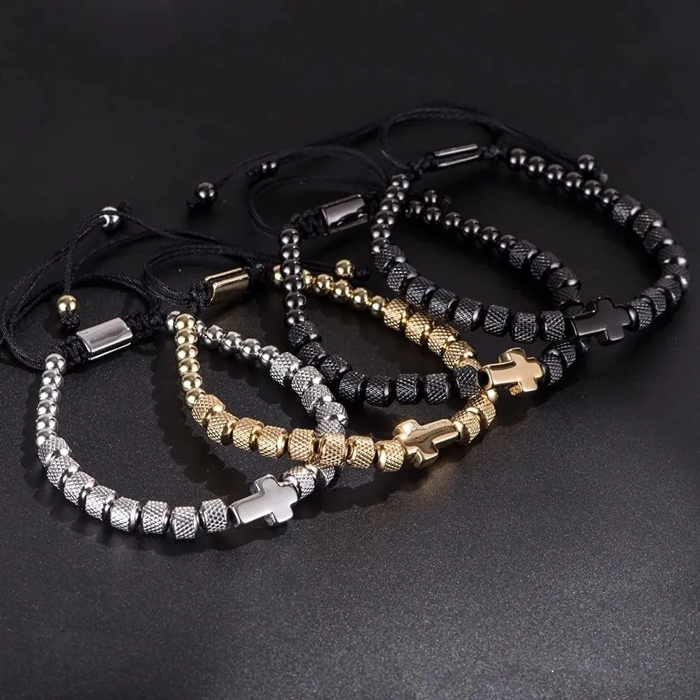Charm Bracelet Cross Stainless Steel Beaded Bracelets Handmade Men Women Prayer Fitness Chain Couple Jewelry Gift 0536Z (silver black)