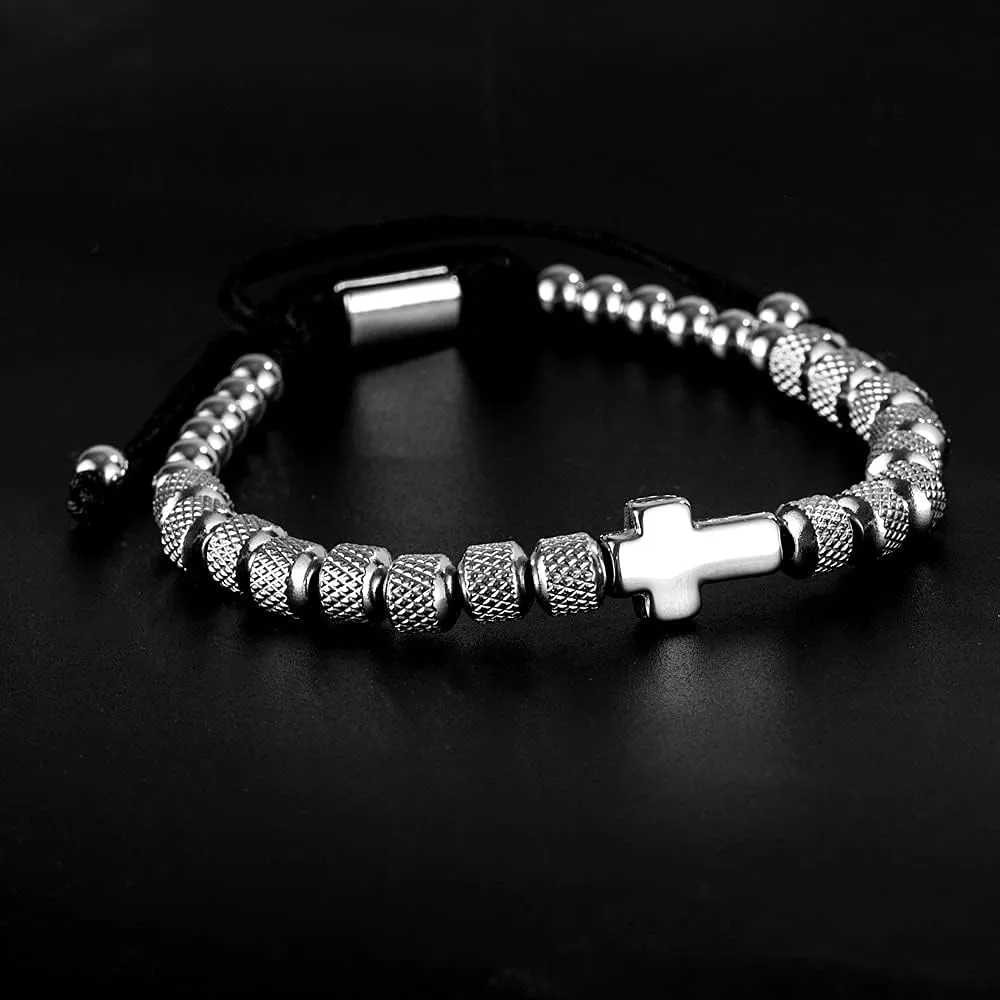 Charm Bracelet Cross Stainless Steel Beaded Bracelets Handmade Men Women Prayer Fitness Chain Couple Jewelry Gift 0536Z (silver black)