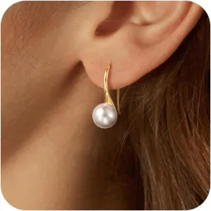 CHESKY Dainty Pearl Earrings for Women Trendy, Hypoallergenic Gold Plated Pearl Huggie Hoop Earrings for Women Non Tarnish, Cute 14K Gold Bridal Dangle Earrings for Wedding Jewelry