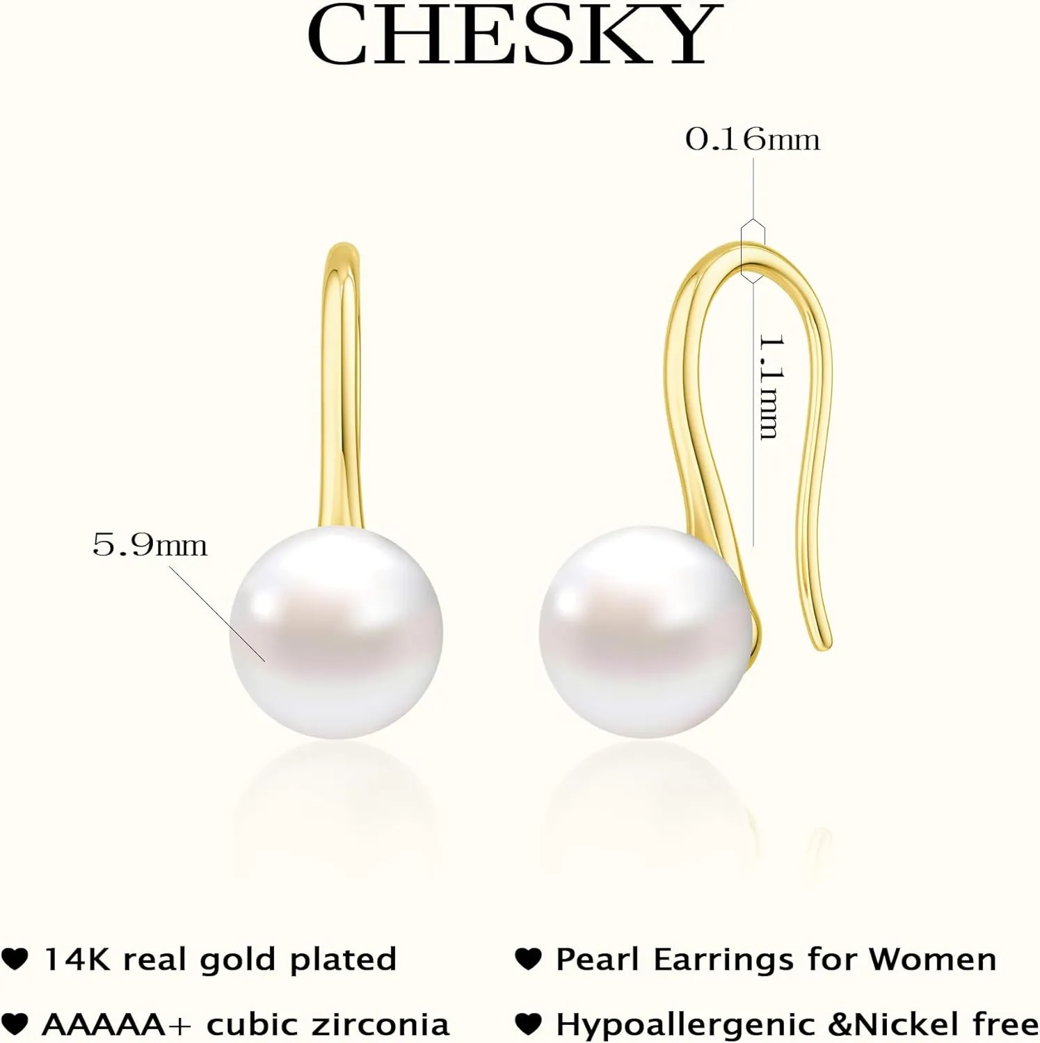 CHESKY Dainty Pearl Earrings for Women Trendy, Hypoallergenic Gold Plated Pearl Huggie Hoop Earrings for Women Non Tarnish, Cute 14K Gold Bridal Dangle Earrings for Wedding Jewelry