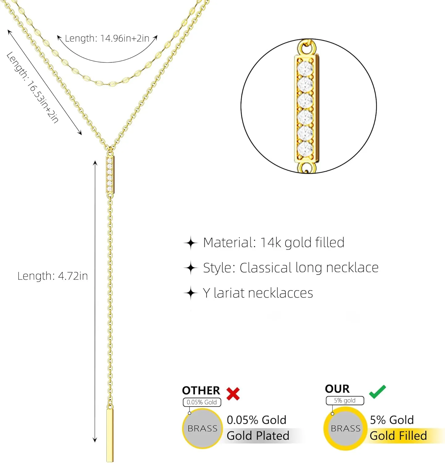 CHESKY Lariat Gold Necklace for Women, Dainty Y Necklace Trendy Long Necklaces 14K Gold Plated Layered Y-Shaped Pendant Necklace CZ Beaded Infinity Chain Drop Necklaces Simple Gold Jewelry Gift