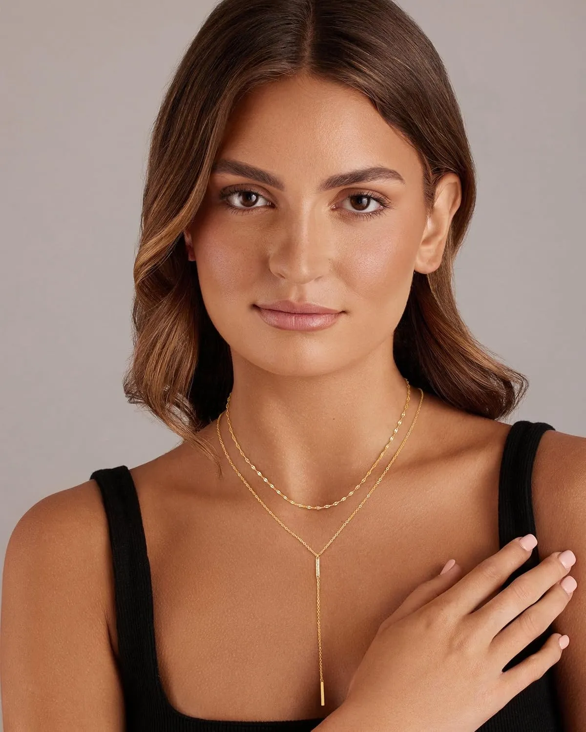 CHESKY Lariat Gold Necklace for Women, Dainty Y Necklace Trendy Long Necklaces 14K Gold Plated Layered Y-Shaped Pendant Necklace CZ Beaded Infinity Chain Drop Necklaces Simple Gold Jewelry Gift