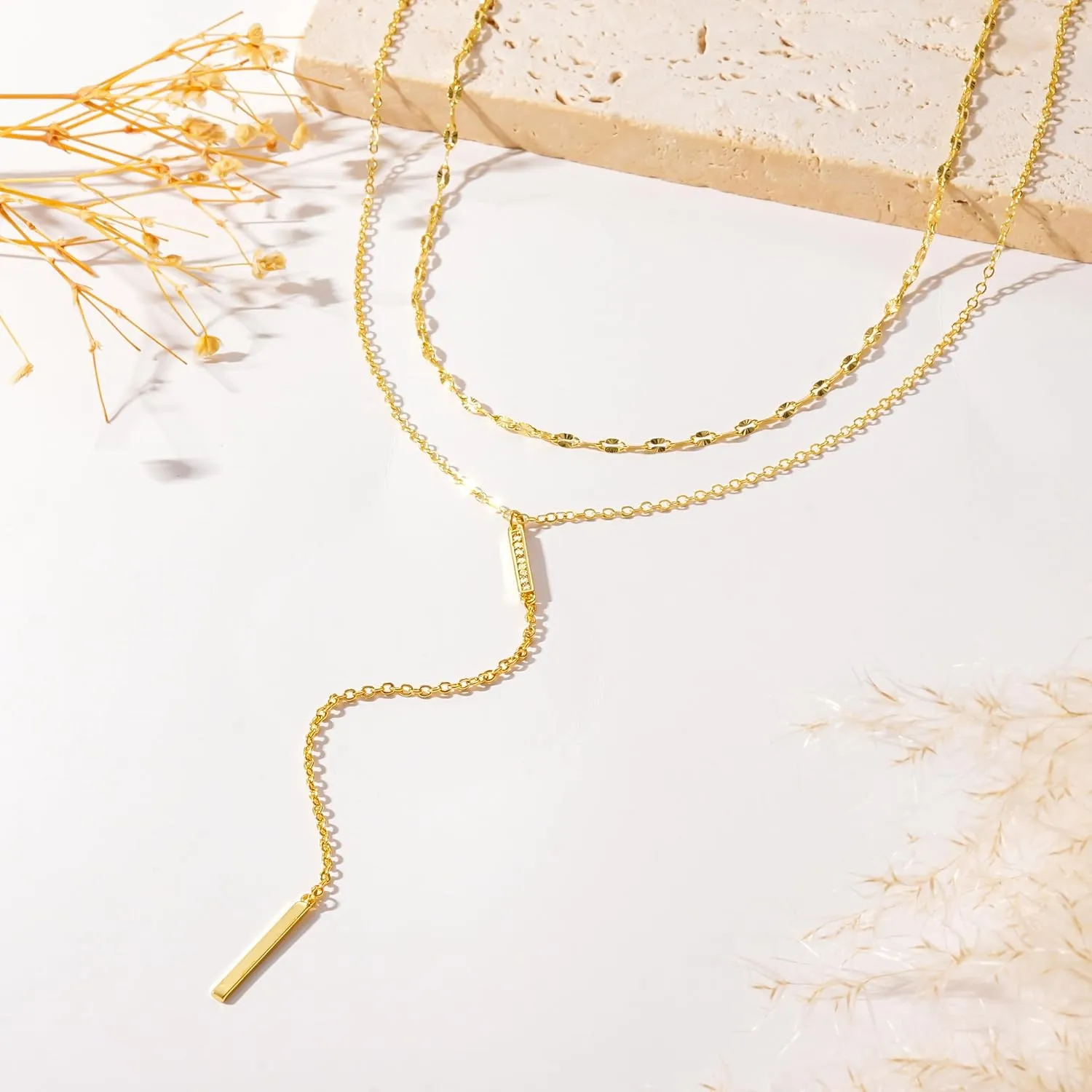 CHESKY Lariat Gold Necklace for Women, Dainty Y Necklace Trendy Long Necklaces 14K Gold Plated Layered Y-Shaped Pendant Necklace CZ Beaded Infinity Chain Drop Necklaces Simple Gold Jewelry Gift