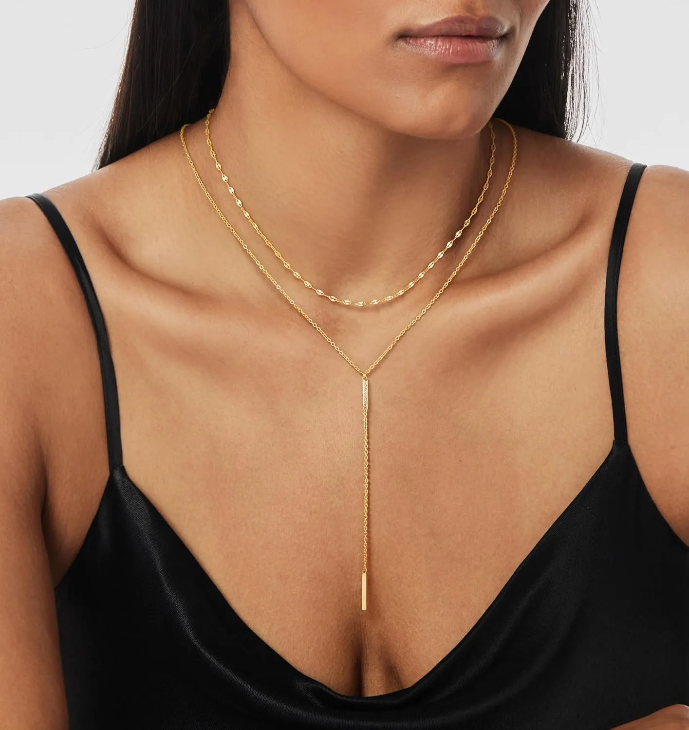 CHESKY Lariat Gold Necklace for Women, Dainty Y Necklace Trendy Long Necklaces 14K Gold Plated Layered Y-Shaped Pendant Necklace CZ Beaded Infinity Chain Drop Necklaces Simple Gold Jewelry Gift