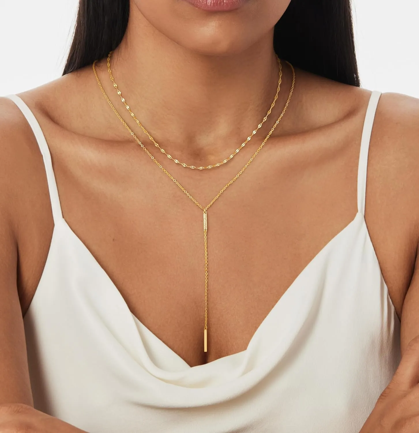 CHESKY Lariat Gold Necklace for Women, Dainty Y Necklace Trendy Long Necklaces 14K Gold Plated Layered Y-Shaped Pendant Necklace CZ Beaded Infinity Chain Drop Necklaces Simple Gold Jewelry Gift
