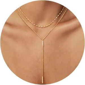 CHESKY Lariat Gold Necklace for Women, Dainty Y Necklace Trendy Long Necklaces 14K Gold Plated Layered Y-Shaped Pendant Necklace CZ Beaded Infinity Chain Drop Necklaces Simple Gold Jewelry Gift
