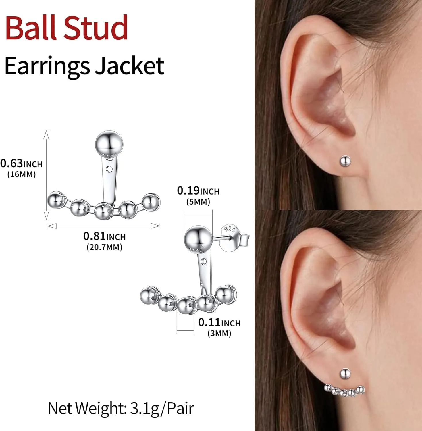 ChicSilver 925 Sterling Silver Ear Jacket Earrings Minimalist Ball Front Back Stud Earrings for Women