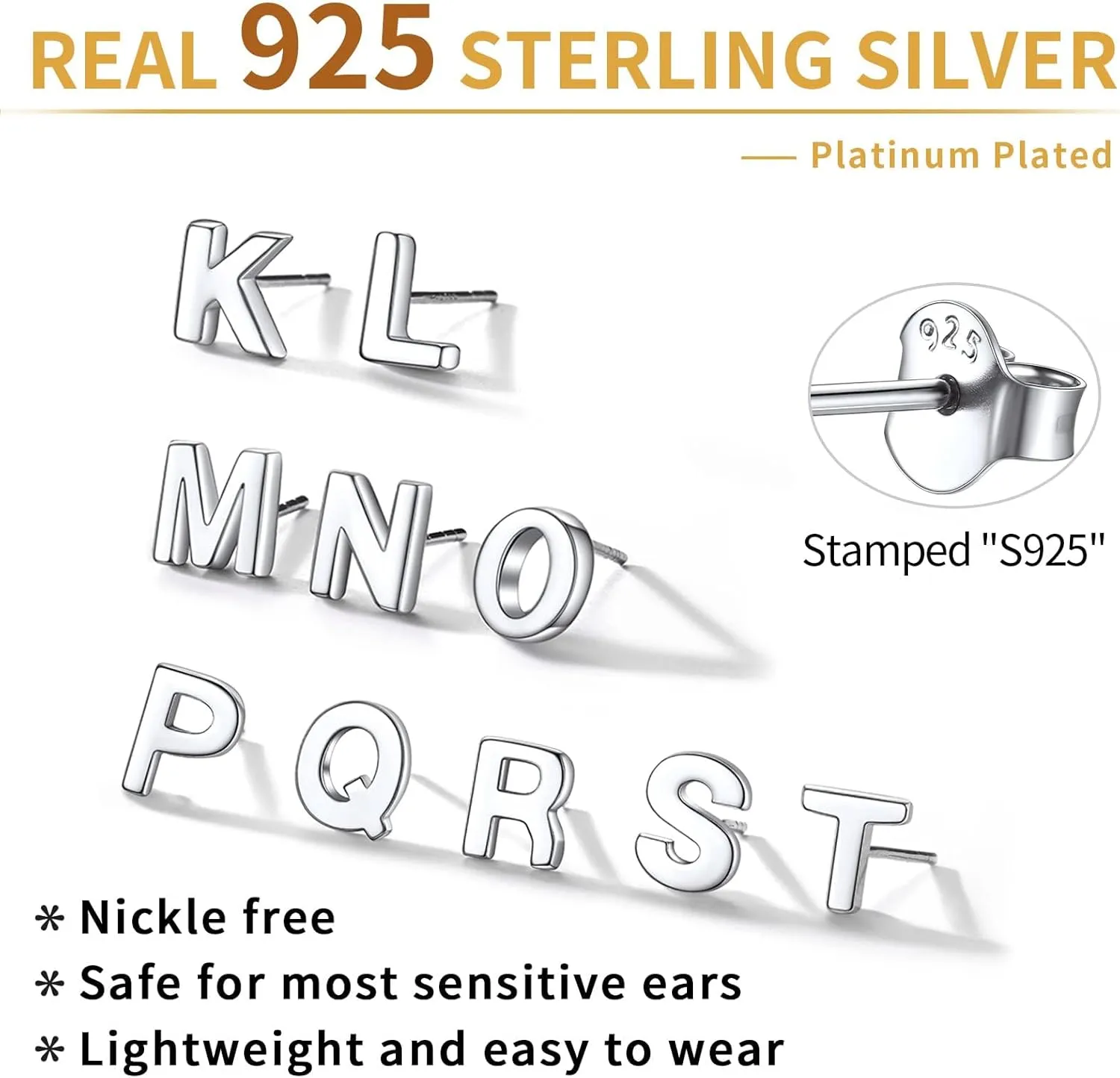 ChicSilver Hypoallergenic 925 Sterling Silver Stud Earrings Simple Tiny Initial Letter A-Z Studs for Women Sensitive Ears (with Gift Box)