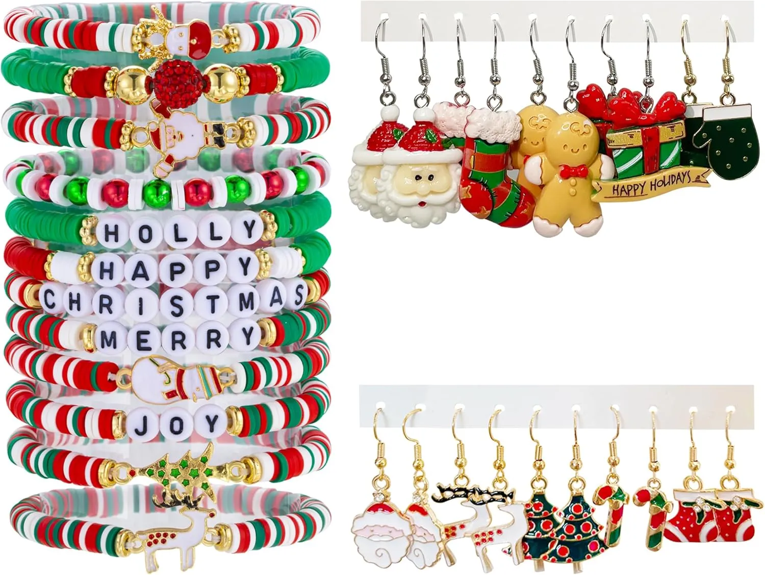 Christmas Earring Bracelet Jewelry Set Stackable Layering Friendship Bracelets Xmas Holiday Dangle Earrings Christmas Tree Snowman Elk Earrings Colorful Christmas Jewelry