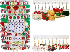 Christmas Earring Bracelet Jewelry Set Stackable Layering Friendship Bracelets Xmas Holiday Dangle Earrings Christmas Tree Snowman Elk Earrings Colorful Christmas Jewelry