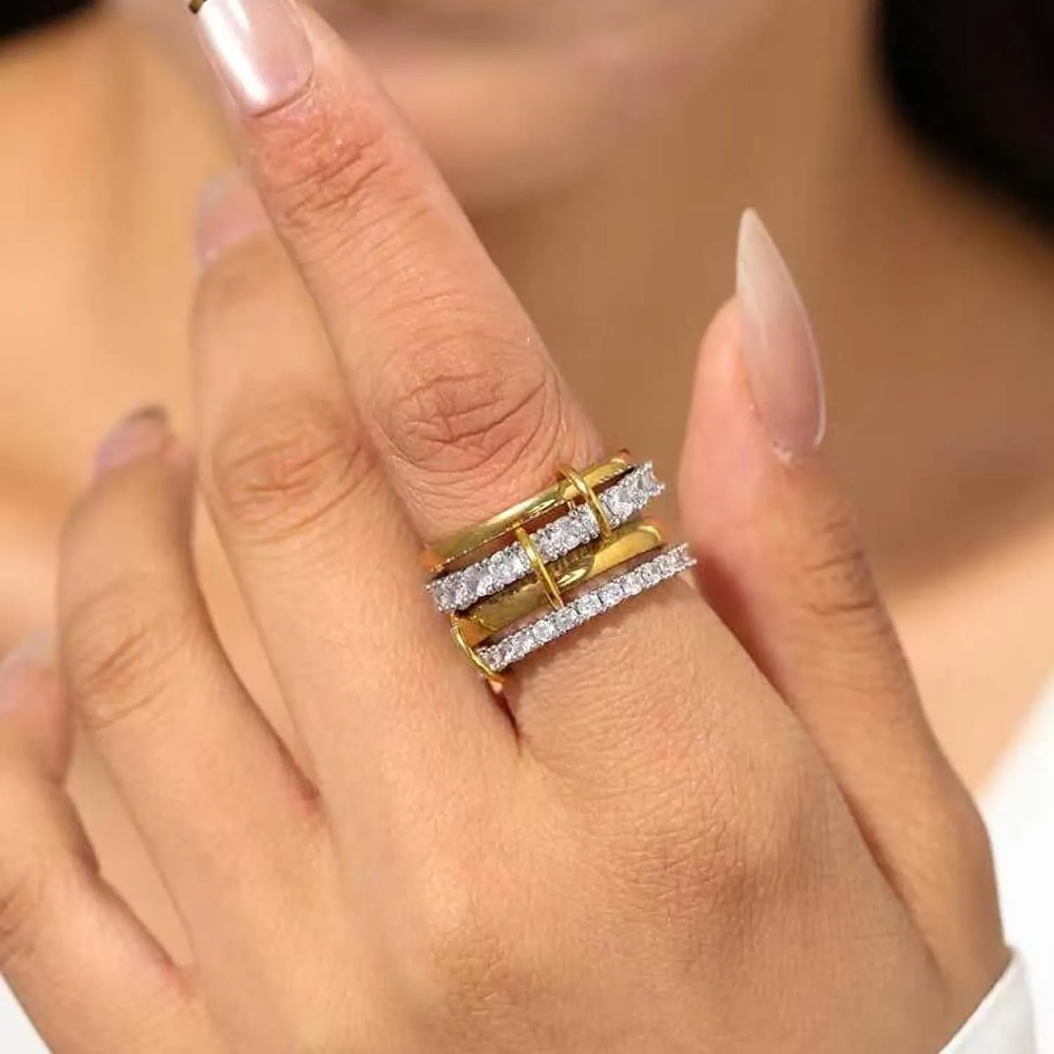 Chunky Gold and Silver Stackable Rings Set for Women Gold Statement Rings Non Tarnish Vintage Gold Cubic Zirconia Ring Trendy Costume Jewelry