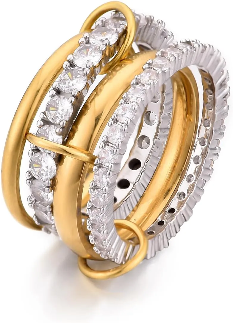 Chunky Gold and Silver Stackable Rings Set for Women Gold Statement Rings Non Tarnish Vintage Gold Cubic Zirconia Ring Trendy Costume Jewelry
