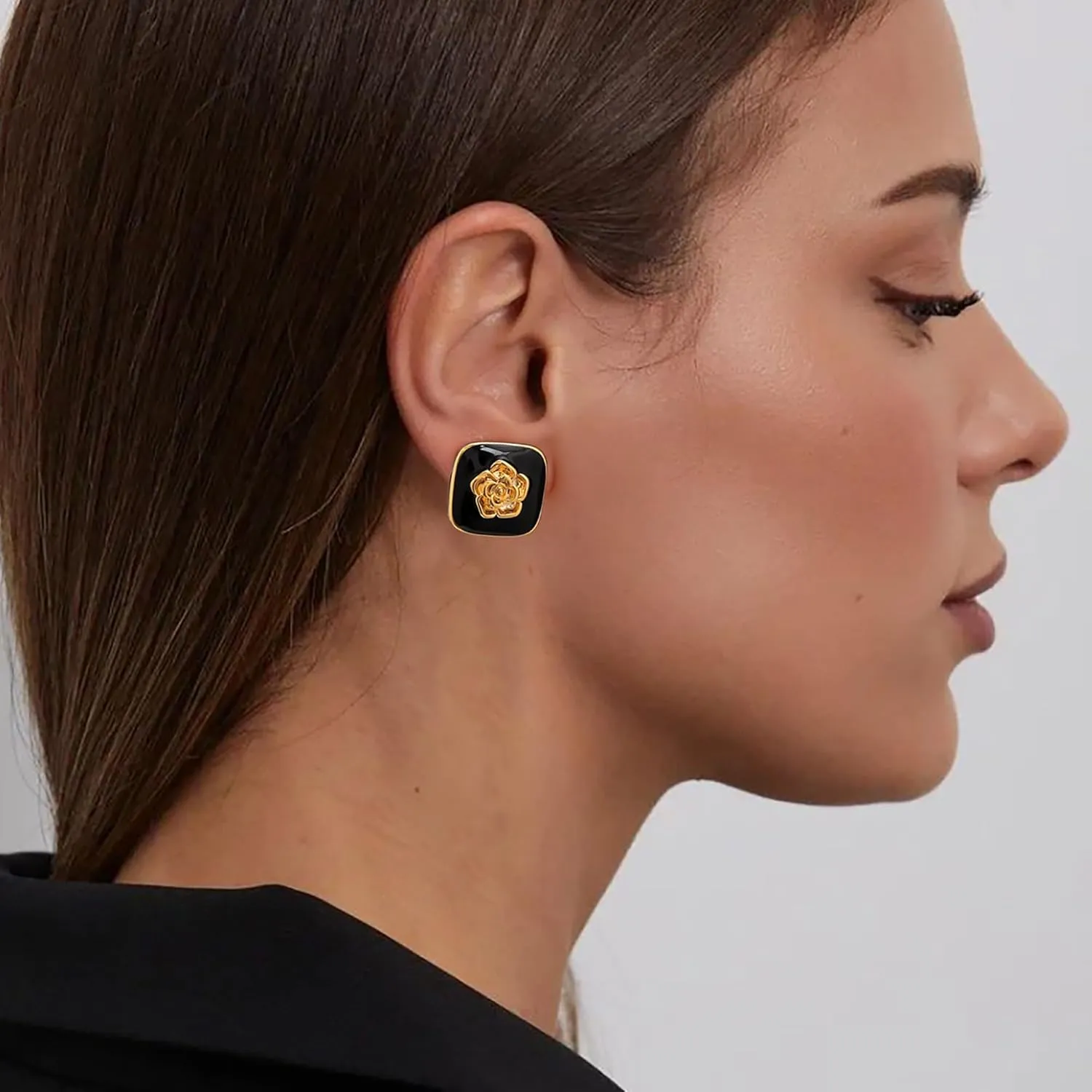 Chunky Gold Earrings Stud for Women Square Black Flower Stud Earrings Red Statement Earrings Dainty Large Retro Earrings Party Jewelry Gifts for Women