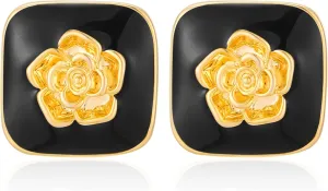 Chunky Gold Earrings Stud for Women Square Black Flower Stud Earrings Red Statement Earrings Dainty Large Retro Earrings Party Jewelry Gifts for Women