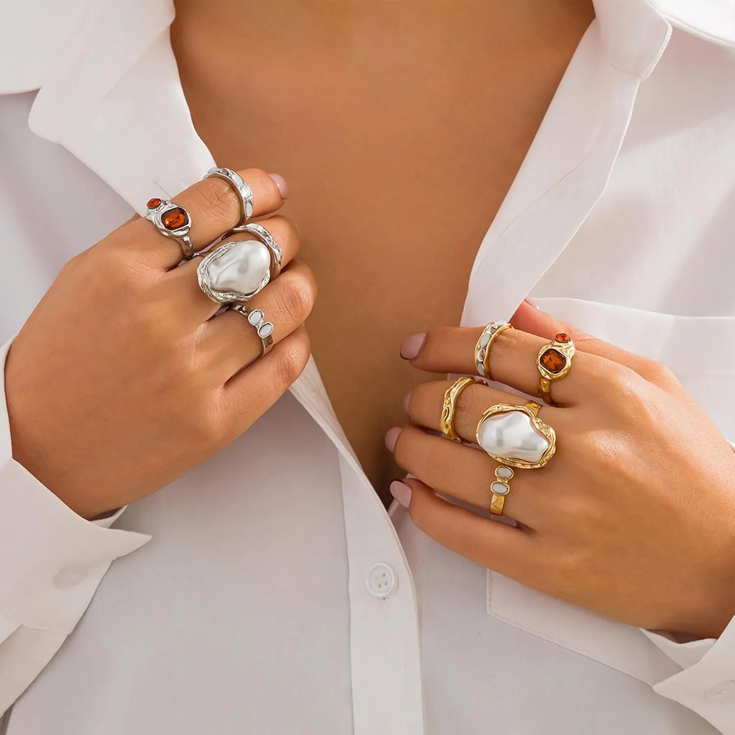 Chunky Gold Rings for Women Non Tarnish Statement Flower Ring Baroque Pearl Stackable Rings Set 6Pcs Chunky Jewelry