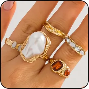 Chunky Gold Rings for Women Non Tarnish Statement Flower Ring Baroque Pearl Stackable Rings Set 6Pcs Chunky Jewelry