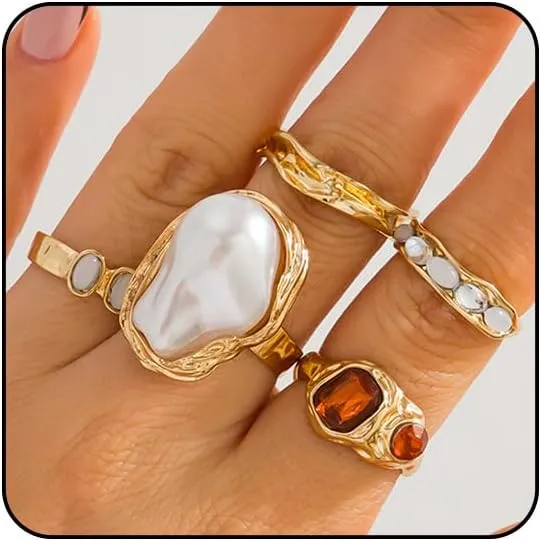 Chunky Gold Rings for Women Non Tarnish Statement Flower Ring Baroque Pearl Stackable Rings Set 6Pcs Chunky Jewelry