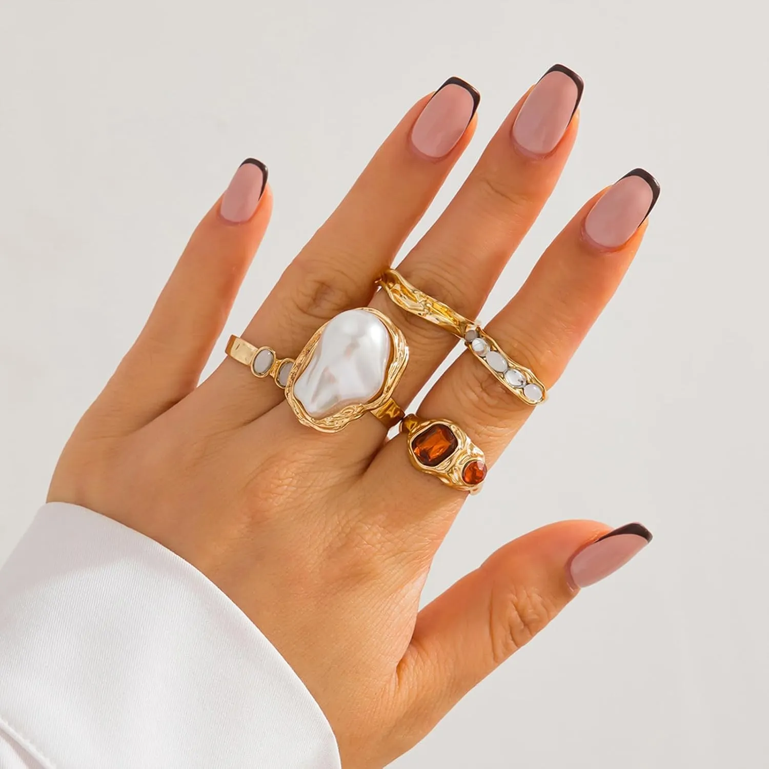Chunky Gold Rings for Women Non Tarnish Statement Flower Ring Baroque Pearl Stackable Rings Set 6Pcs Chunky Jewelry