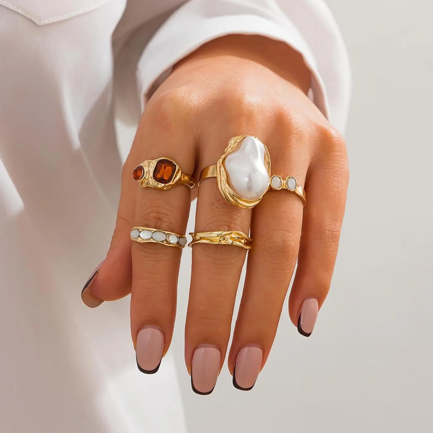 Chunky Gold Rings for Women Non Tarnish Statement Flower Ring Baroque Pearl Stackable Rings Set 6Pcs Chunky Jewelry