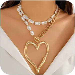Chunky Large Heart Statement Necklaces for Women Dainty Layered Gold Geometric Pearl Love Pendant Choker Trendy Silver Y2k Heart Jewelry Set Gifts